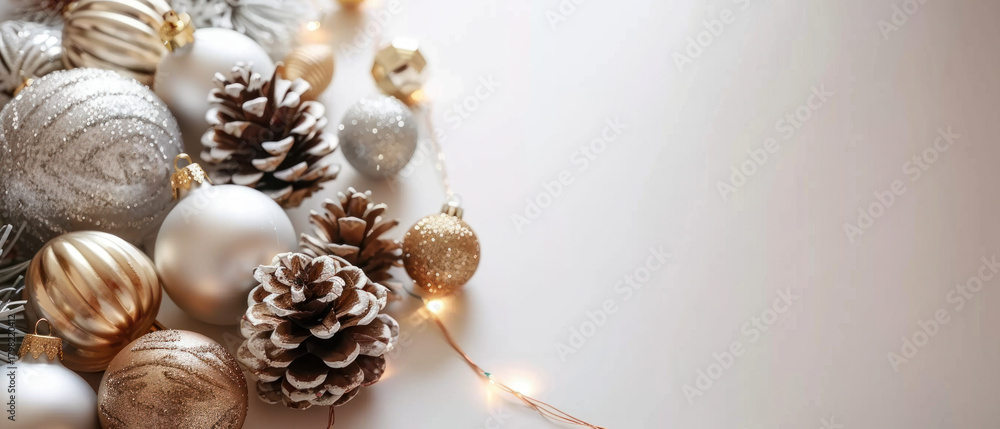 Obraz premium Minimalist composition with cinnamon sticks, golden star ornament and nuts on a white surface