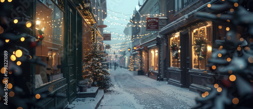 Festive street decorated with Christmas lights and snow-covered buildings at night
