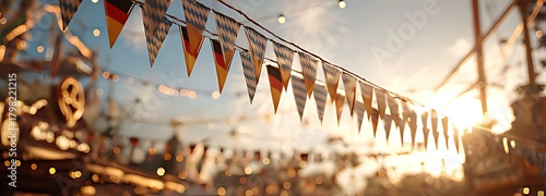 golden Hour German New Year Background with Colorful Pennant Flags