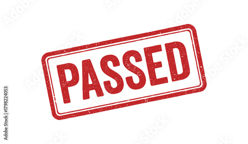 Red rubber stamp text PASSED rectangular outline bold capital letters distressed texture rotation isolated on white background vector illustration clean minimal style