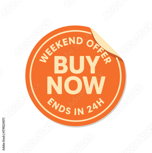 Flat vector sticker design top text WEEKEND OFFER main text BUY NOW bottom text ENDS 24H circular sticker with folded corner orange and cream colors