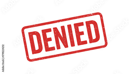 Red rubber stamp text DENIED rectangular outline bold capital letters distressed texture rotation isolated on white background vector illustration clean minimal style