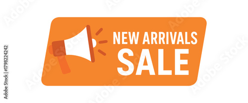 Flat vector banner design icon of megaphone near text NEW ARRIVALS SALE orange and white modern rectangle