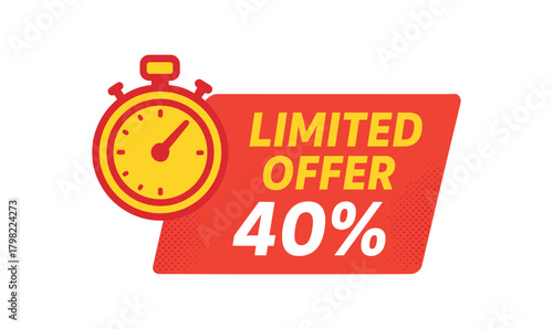 Flat vector banner design icon of stopwatch beside text LIMITED OFFER 40% red and layout with subtle halftone effect