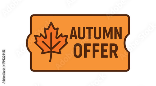 Flat vector banner design icon of maple leaf beside text AUTUMN OFFER orange and brown coupon style