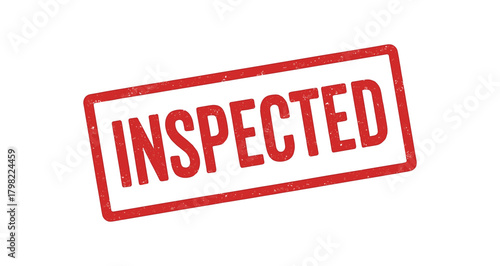 Red rubber stamp text INSPECTED rectangular outline bold capital letters distressed texture rotation isolated on white background vector illustration clean minimal style