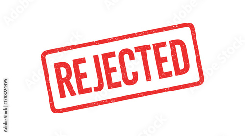 Red rubber stamp text REJECTED rectangular outline bold capital letters distressed texture rotation isolated on white background vector illustration clean minimal style