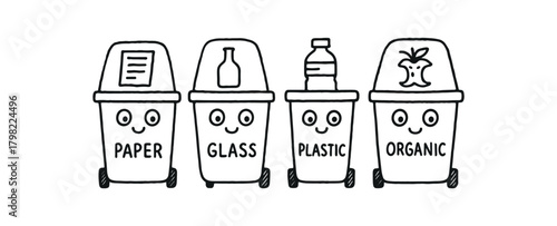 handdrawn cute doodle style waste sorting bins vector line illustration