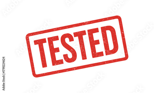 Red rubber stamp text TESTED rectangular outline bold capital letters distressed texture rotation isolated on white background vector illustration clean minimal style