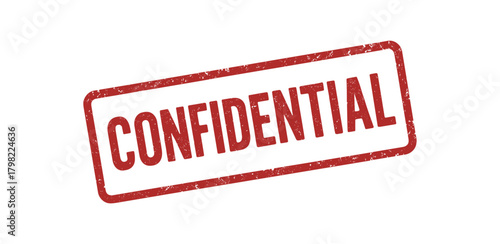 Red rubber stamp text CONFIDENTIAL rectangular outline bold capital letters distressed texture rotation isolated on white background vector illustration clean minimal style