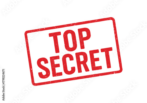 Red rubber stamp text TOP SECRET rectangular outline bold capital letters distressed texture rotation isolated on white background vector illustration clean minimal style