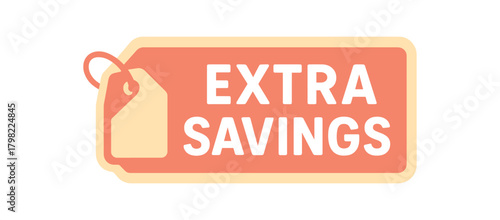 Flat vector banner design icon of shopping tag near text EXTRA SAVINGS beige and coral rectangular badge