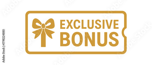 Flat vector banner design icon of gift bow near text EXCLUSIVE BONUS gold and white rectangular coupon