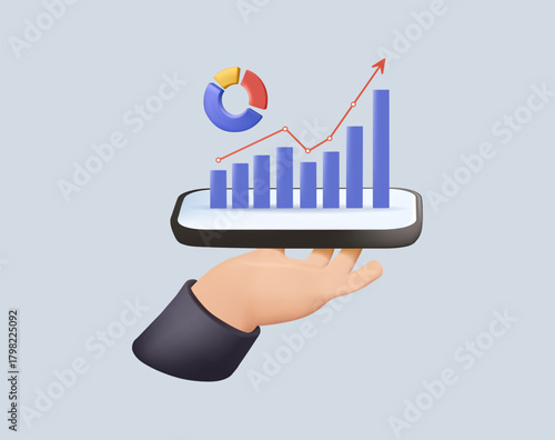 Hand holding smartphone displays data visualizations, including histogram and pie chart. 3D render vector illustration. Analytics, digital transformation and increasing use of mobile technology