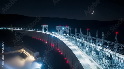 Nighttime dam monitoring, Night aerial perspective of glowing dam