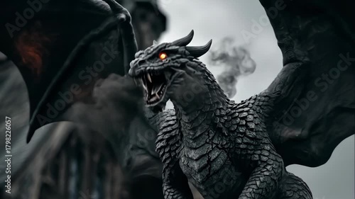 Dragon sculpture with glowing eyes roaring on a gothic building, mythical creature guarding a medieval castle, fantasy concept.