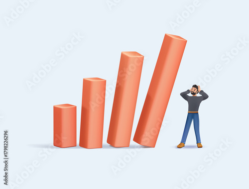 Businessman looking at falling down red graph tensely. Economy depression, inflation recession crisis, sales are falling, risk management. 3D render vector illustration. Businessman and falling graph
