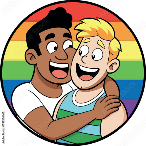 Interracial gay couple fun hugging with love (round sticker lgbtq rainbow vector)
