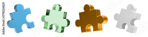 3d puzzle glass, metal and plastic elements on white bg. Isometric jigsaw solves technology problem. Business partnership concept. Vector abstract pieces fit together Creative 4 match parts logic game