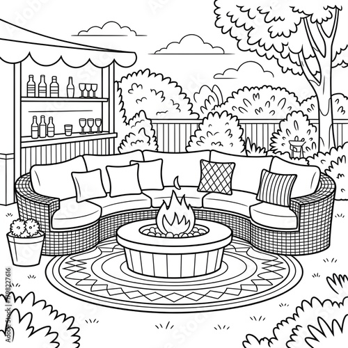 Outdoor Patio Lounge Firepit Line Art Illustration coloring page 