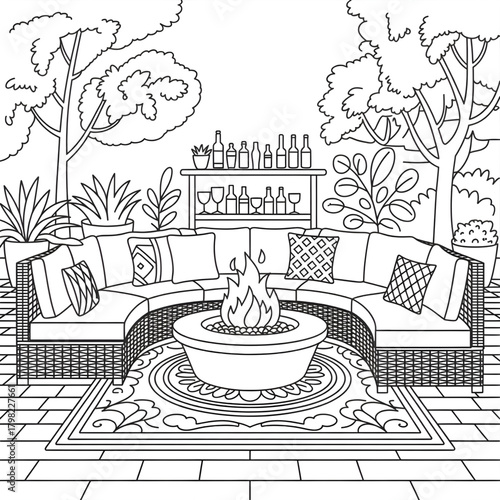 Outdoor Patio Lounge Firepit Line Art Illustration coloring page 