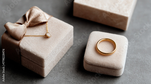 modern jewelry box with ladies modern jewelry. Gold ring and necklace