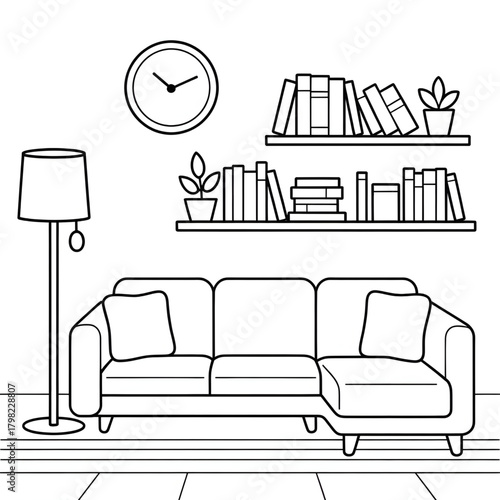 Modern Minimalist Living Room Line Art Illustration