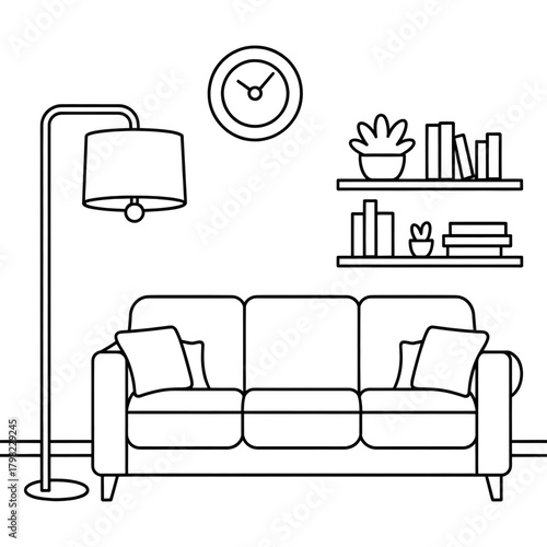 Modern Minimalist Living Room Line Art Illustration coloring page 