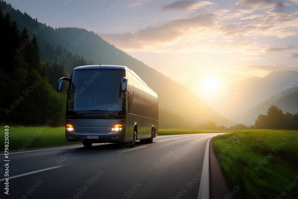 Obraz premium bus driving on the highway in a beautiful landscape at sunset, during the summer.