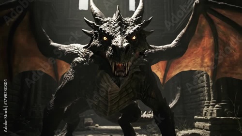 Dragon exhaling smoke, roaring, and breathing fire in a dark gothic architectural setting for fantasy animation