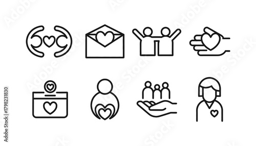Charity and Donation Line Icon Set: Community, Care, Love Letter, Volunteer, Support, and Heart Symbols for Non-Profit and Fundraising Concepts