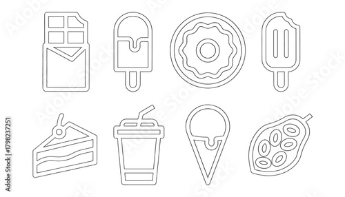 Dessert and Sweets Line Icon Set: Chocolate Bar, Ice Cream, Popsicle, Donut, Cake Slice, Soda Cup, and Cacao Bean Symbols for Confectionery Concepts