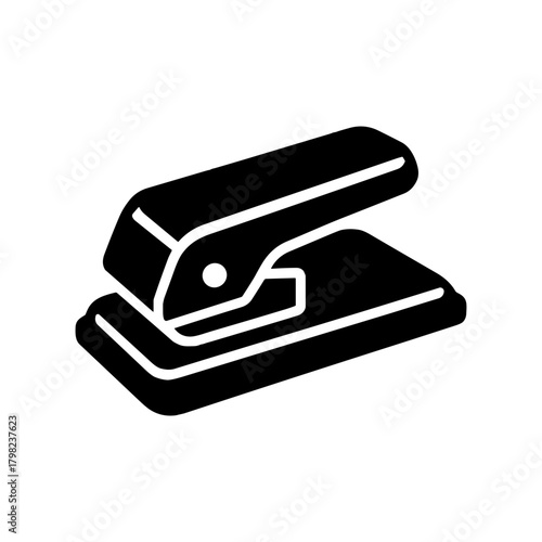 Stapler icon in bold black and white vector style representing office tool and stationery
