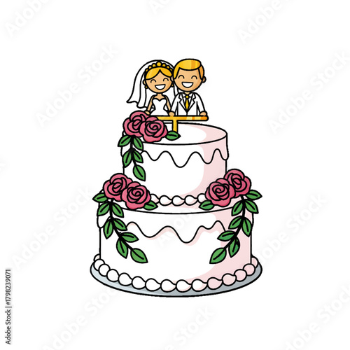 Charming cartoon wedding cake featuring a smiling bride and groom cake topper, elegantly decorated with vibrant pink roses and lush green leaves, presented on a transparent background.
