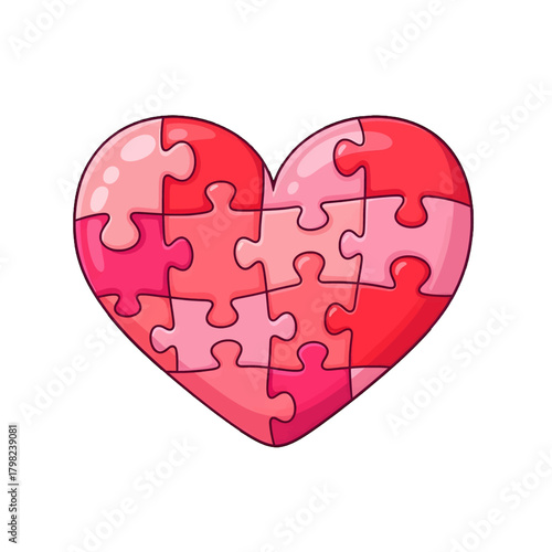 Heart made of red and pink jigsaw puzzle pieces with 3D shading isolated on transparent background