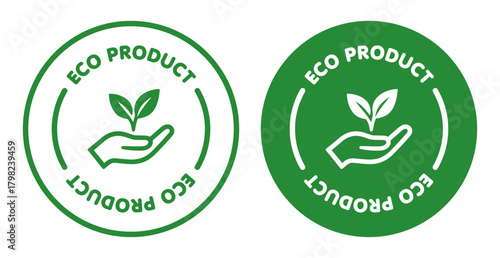 Eco Product Label – Hand Holding Leaf Icon Badge, Organic Eco Stamp, Natural Product Vector
