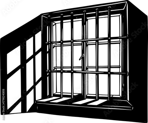 Window with bars casting shadows on the wall in a dark room  