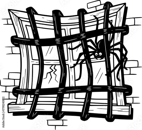 Cartoon spider behind window bars in a broken wall  