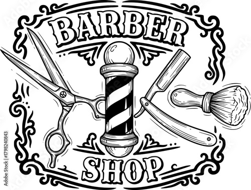 Vintage barber shop logo with scissors and razor in black and white  