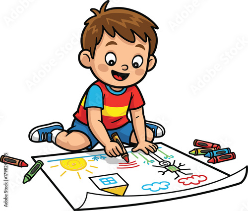 Cartoon child drawing, creative activity, crayon art, colorful sketch, home scene, artistic expression, vector illustration, childhood creativity, indoor playtime