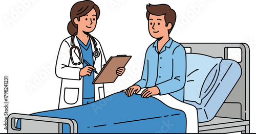 Cartoon doctor character, hospital consultation, patient care, white coat, stethoscope, clipboard notes, medical scene, vector illustration, healthcare concept