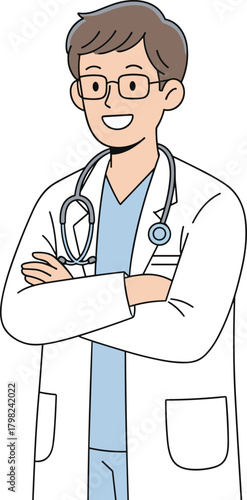 Cartoon medical professional, white lab coat, light blue scrubs, stethoscope, smiling doctor, healthcare character, vector illustration, wellness concept, confident pose