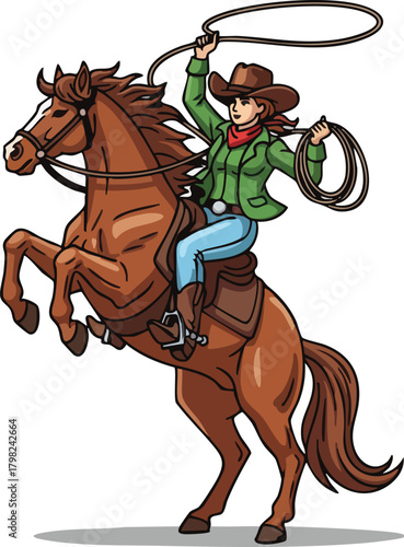 Illustration of a cartoon cowgirl riding a rearing horse with a lasso. Represents strength, independence and the spirit of the Wild West