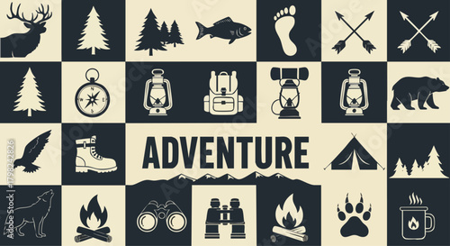 A collage of outdoor adventure icons, including wildlife, camping gear, and navigation tools