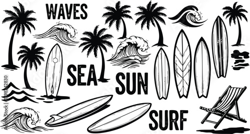 A collection of black and white graphic elements depicting a surfing theme, including palm trees, surfboards, waves, and the words 'SEA', 'SUN', and 'SURF'