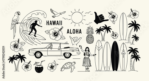 A collection of black and white line art icons representing a fun Hawaiian vacation theme, perfect for travel posters or apparel design
