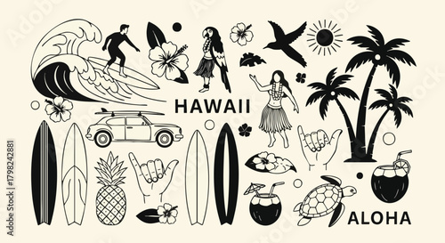 A collection of black and white Hawaiian icons including a surfer, hula dancer, palm trees, pineapples, surfboards, and tropical drinks, representing a vacation and island lifestyle