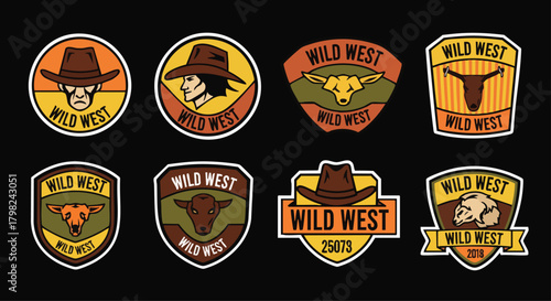 A collection of eight "Wild West" themed graphic badges, featuring cowboy hats, bull and badger imagery, and retro color schemes