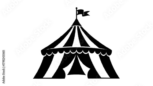 Vector illustration of black and white illustration of a circus tent with striped canopy and flag, isolated on transparent background on a transparent background