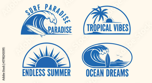 A collection of four blue retro vector graphic designs, perfect for capturing the spirit of summer, surf, and tropical travel